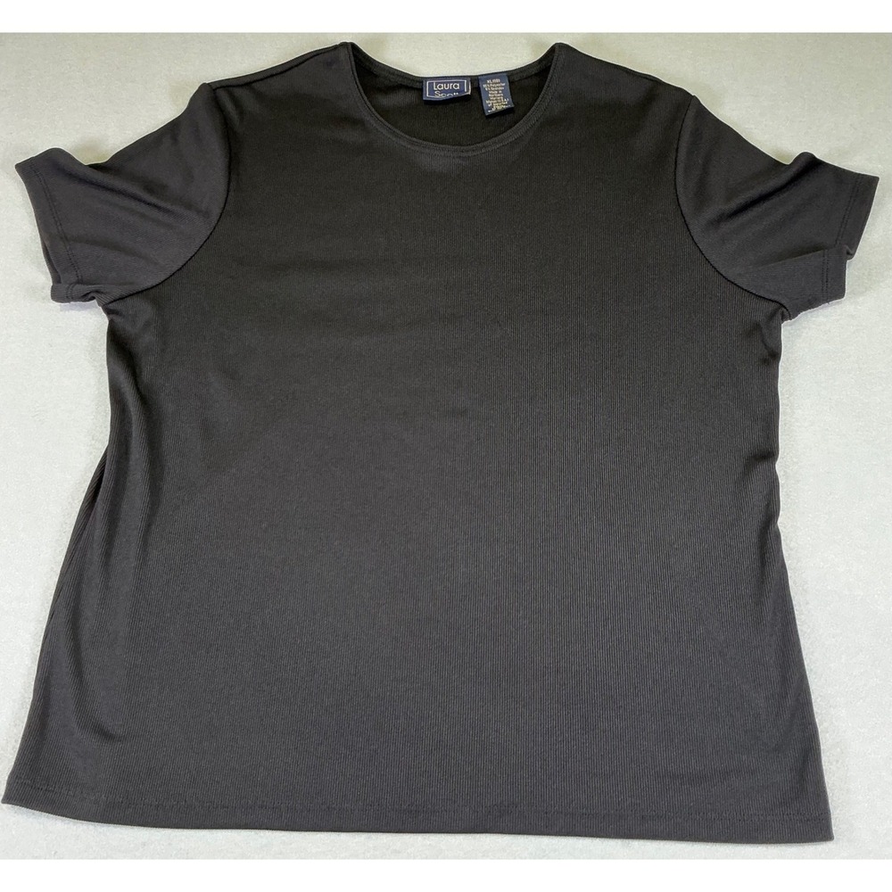 Laura Scott Womens‎ XL 18 Black Rib Knit Stretch Top Short Sleeve Casual Plus